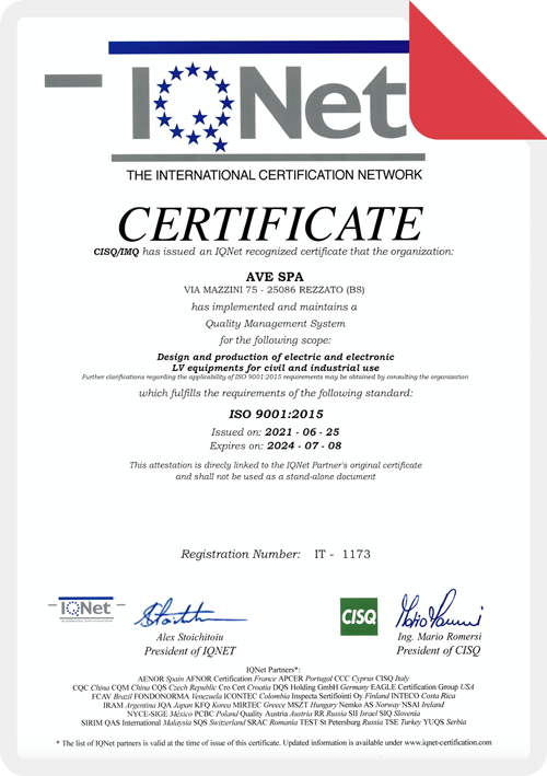 Certificazione ISO 9001:2015 AVE